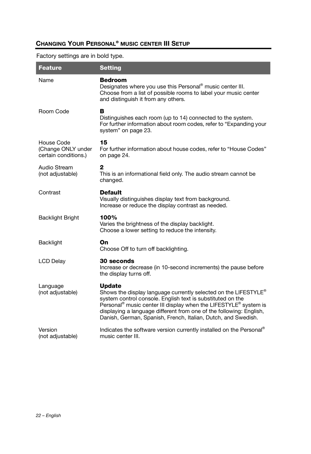 Bose PMCIII, Personal Music Center III manual Feature Setting 