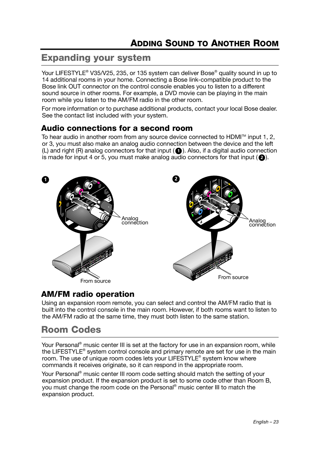 Bose Personal Music Center III, PMCIII manual Expanding your system, Room Codes, Audio connections for a second room 