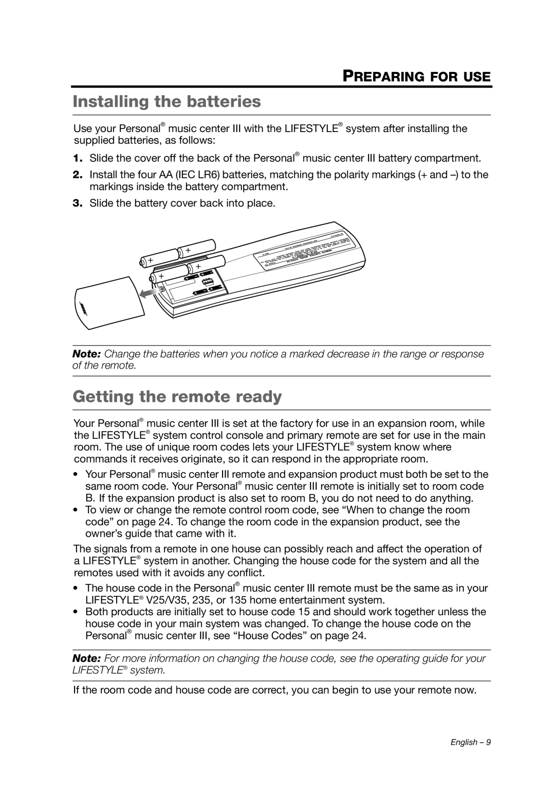 Bose Personal Music Center III, PMCIII manual Installing the batteries, Getting the remote ready 