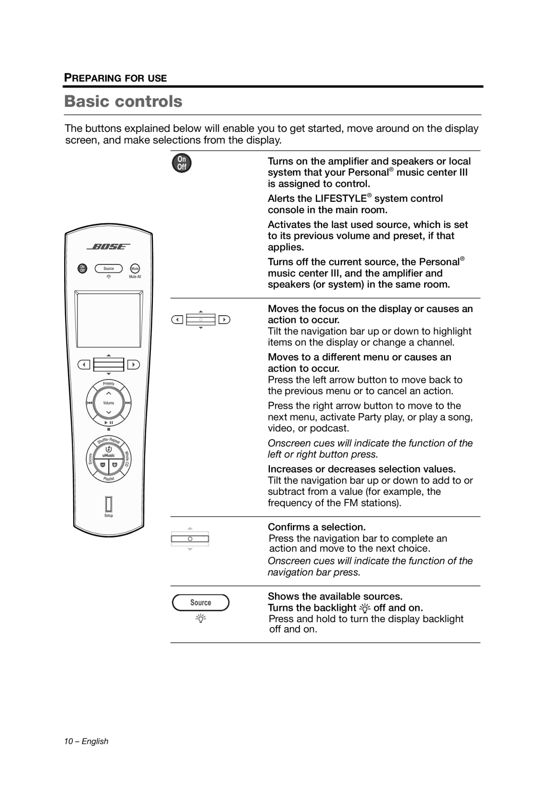 Bose PMCIII, Personal Music Center III manual Basic controls, Preparing For Use 