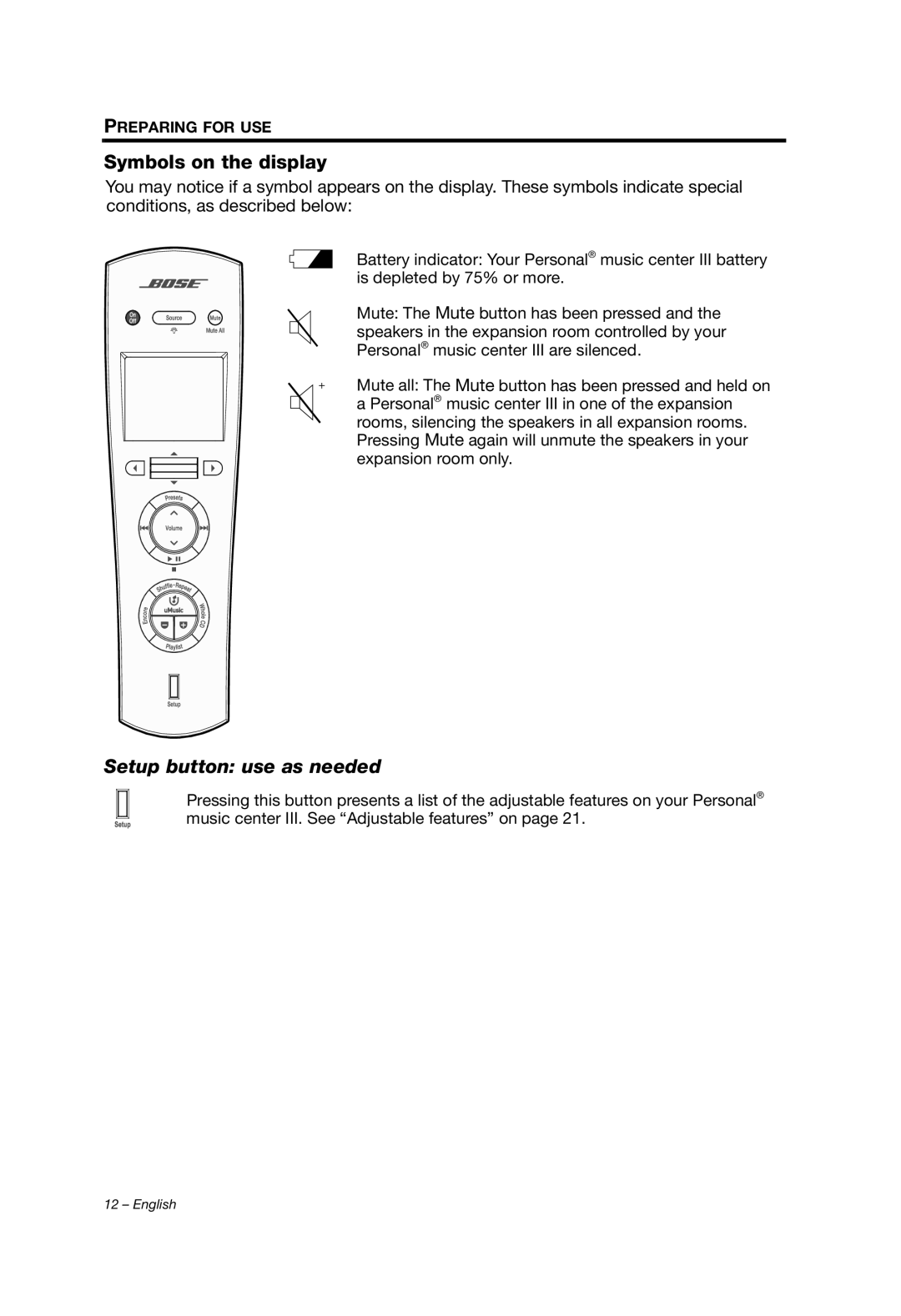 Bose PMCIII, Personal Music Center III manual Symbols on the display, Setup button use as needed, Preparing For Use 