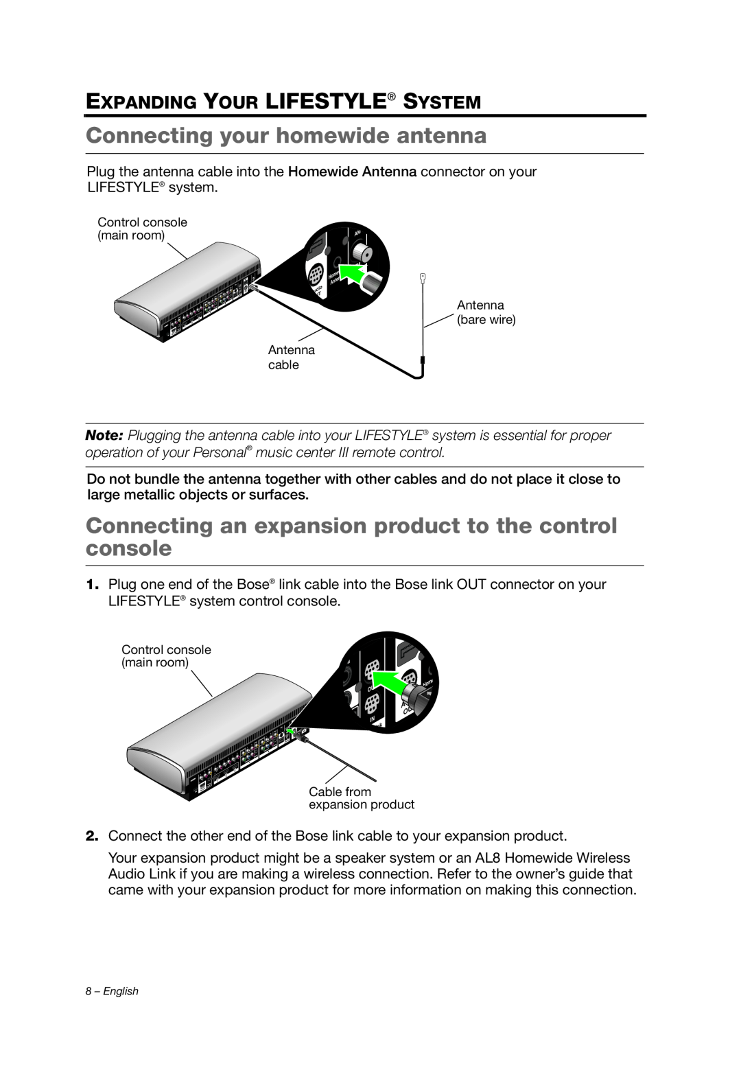 Bose PMCIII manual Connecting your homewide antenna, Connecting an expansion product to the control console 