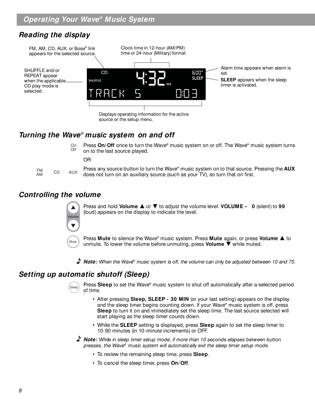 Bose pmn manual Reading the display, Turning the Wave music system on and off, Controlling the volume 