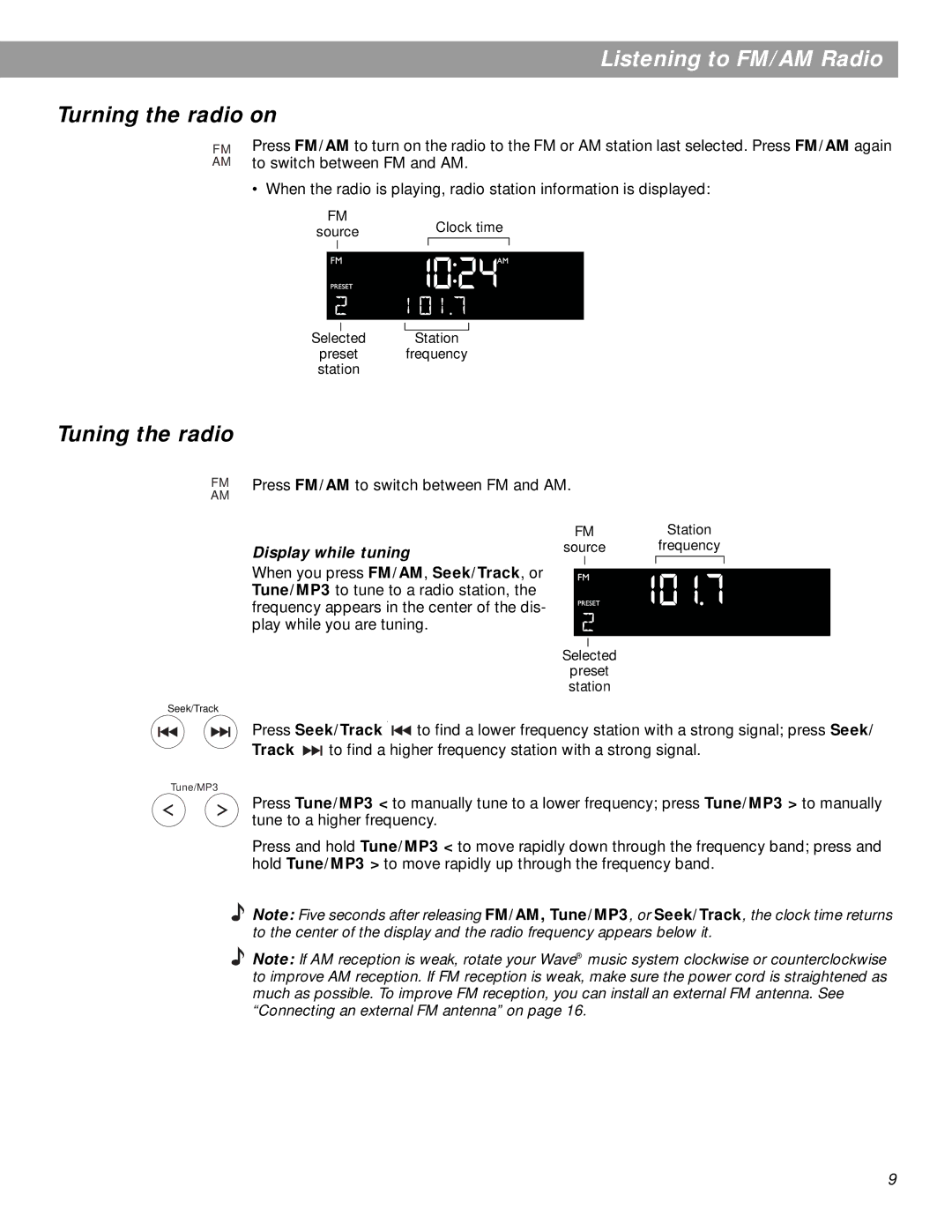 Bose pmn manual Listening to FM/AM Radio, Turning the radio on, Tuning the radio 