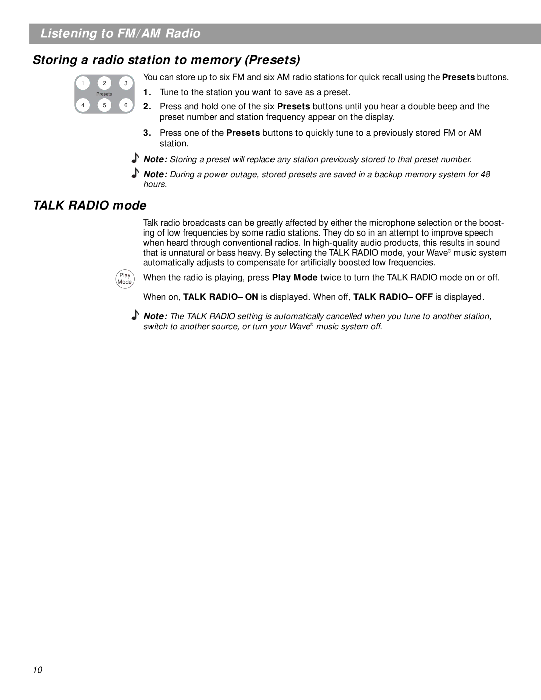 Bose pmn manual Storing a radio station to memory Presets, Talk Radio mode 