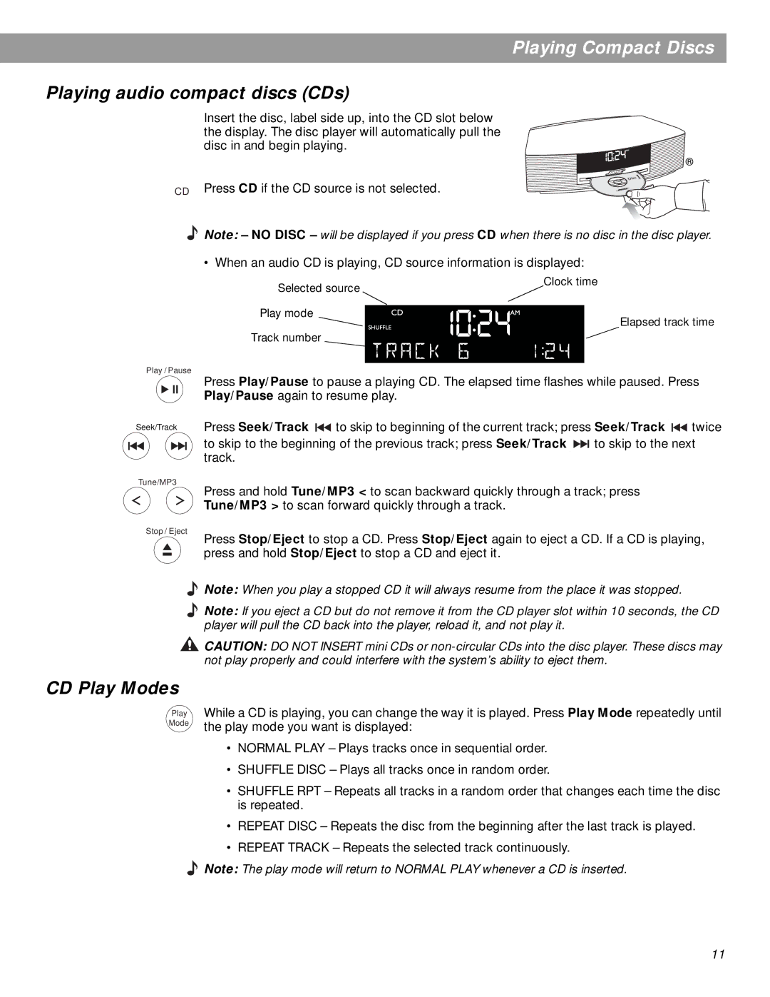 Bose pmn manual Playing Compact Discs, Playing audio compact discs CDs, CD Play Modes 