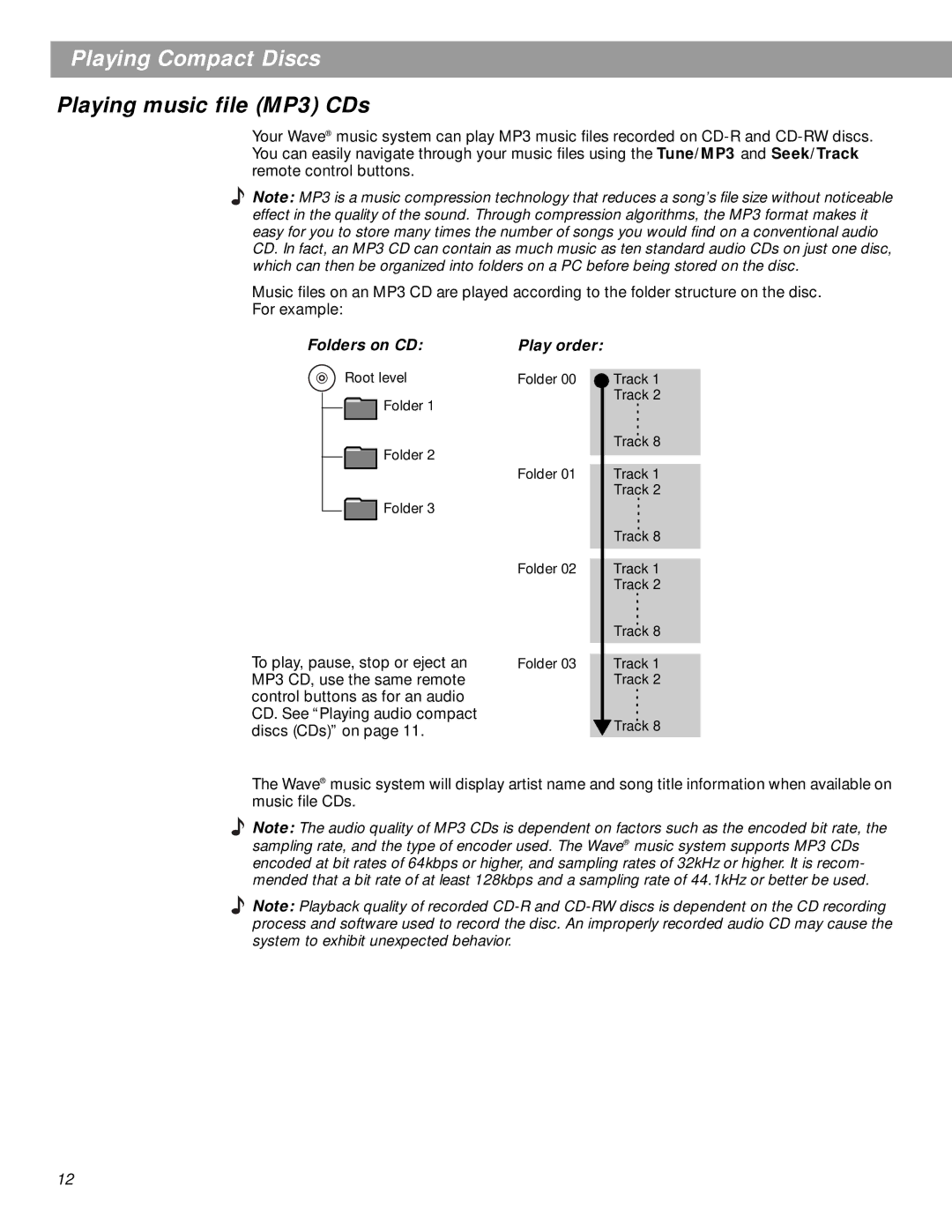 Bose pmn manual Playing music file MP3 CDs, Folders on CD 