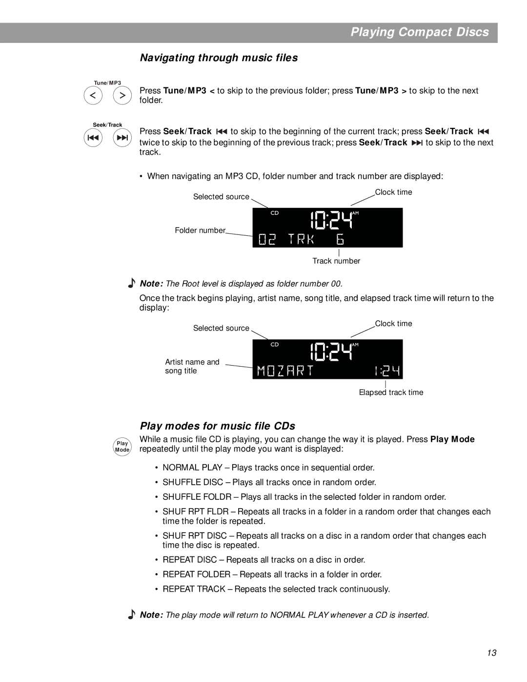 Bose pmn manual Navigating through music files, Play modes for music file CDs 