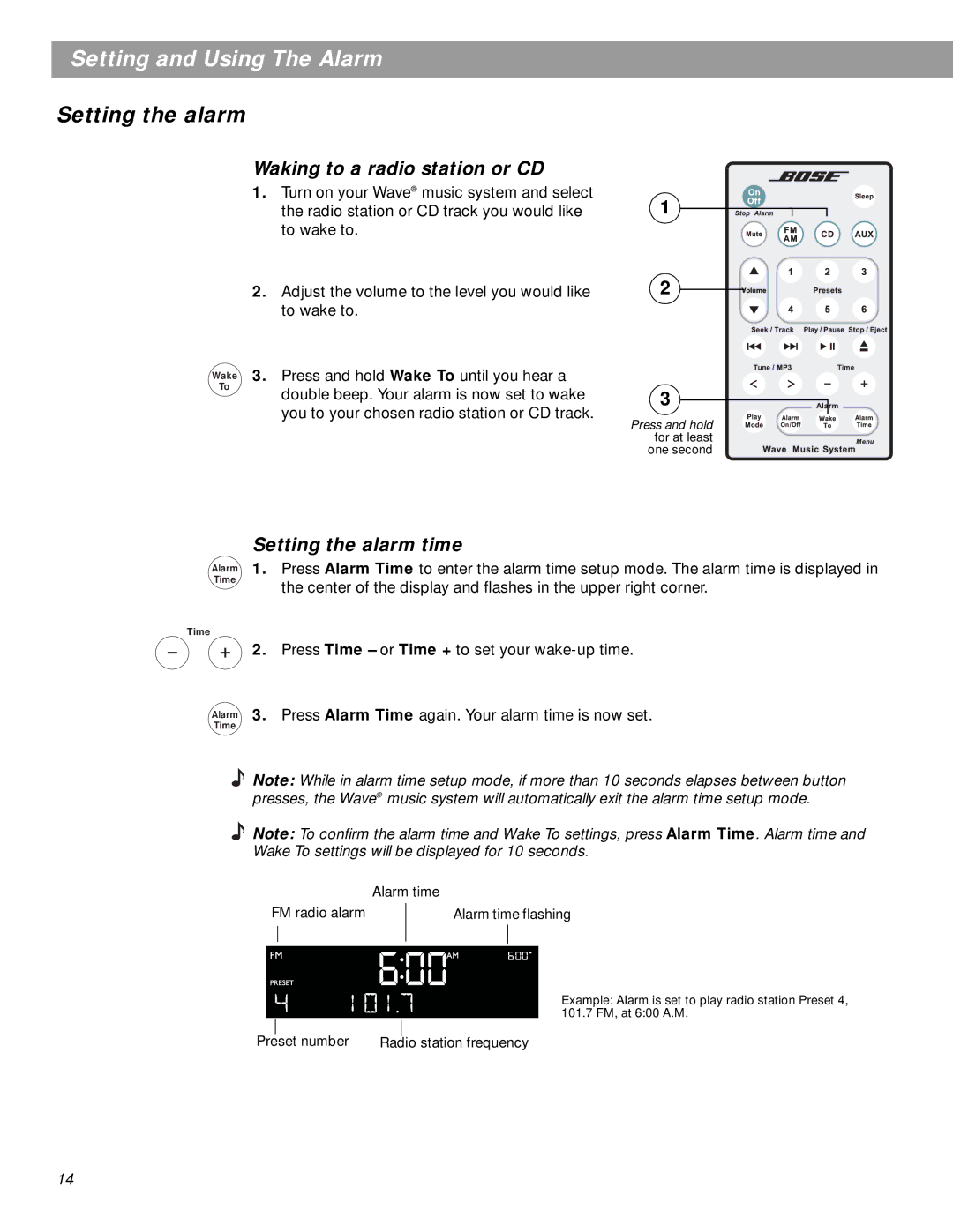 Bose pmn manual Setting and Using The Alarm, Waking to a radio station or CD, Setting the alarm time 