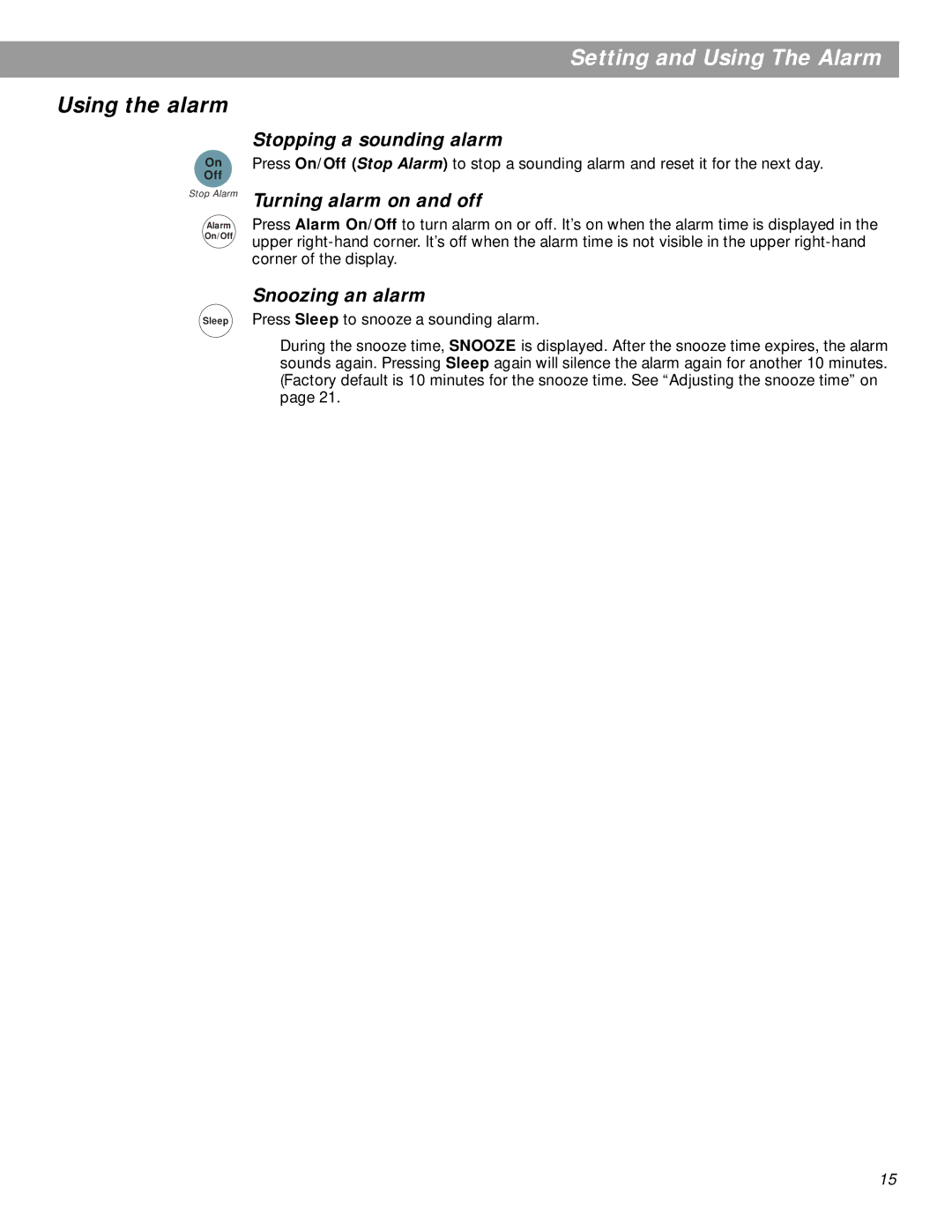 Bose pmn manual Using the alarm, Stopping a sounding alarm, Turning alarm on and off, Snoozing an alarm 