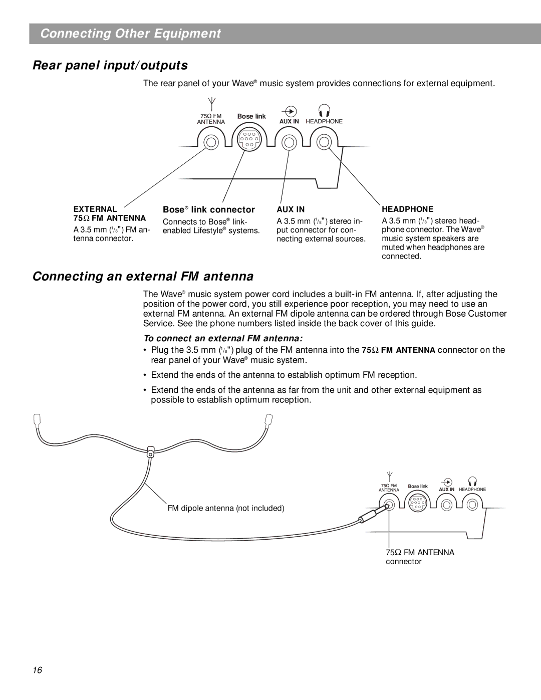 Bose pmn manual Connecting Other Equipment, Rear panel input/outputs, Connecting an external FM antenna 