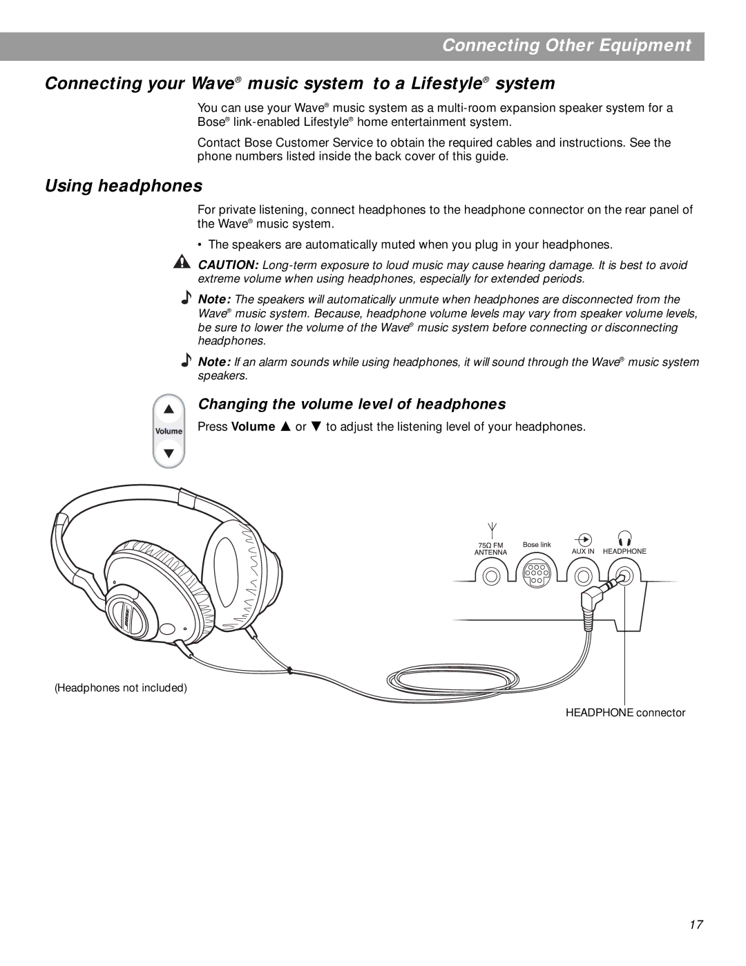 Bose pmn manual Connecting your Wave music system to a Lifestyle system, Using headphones 