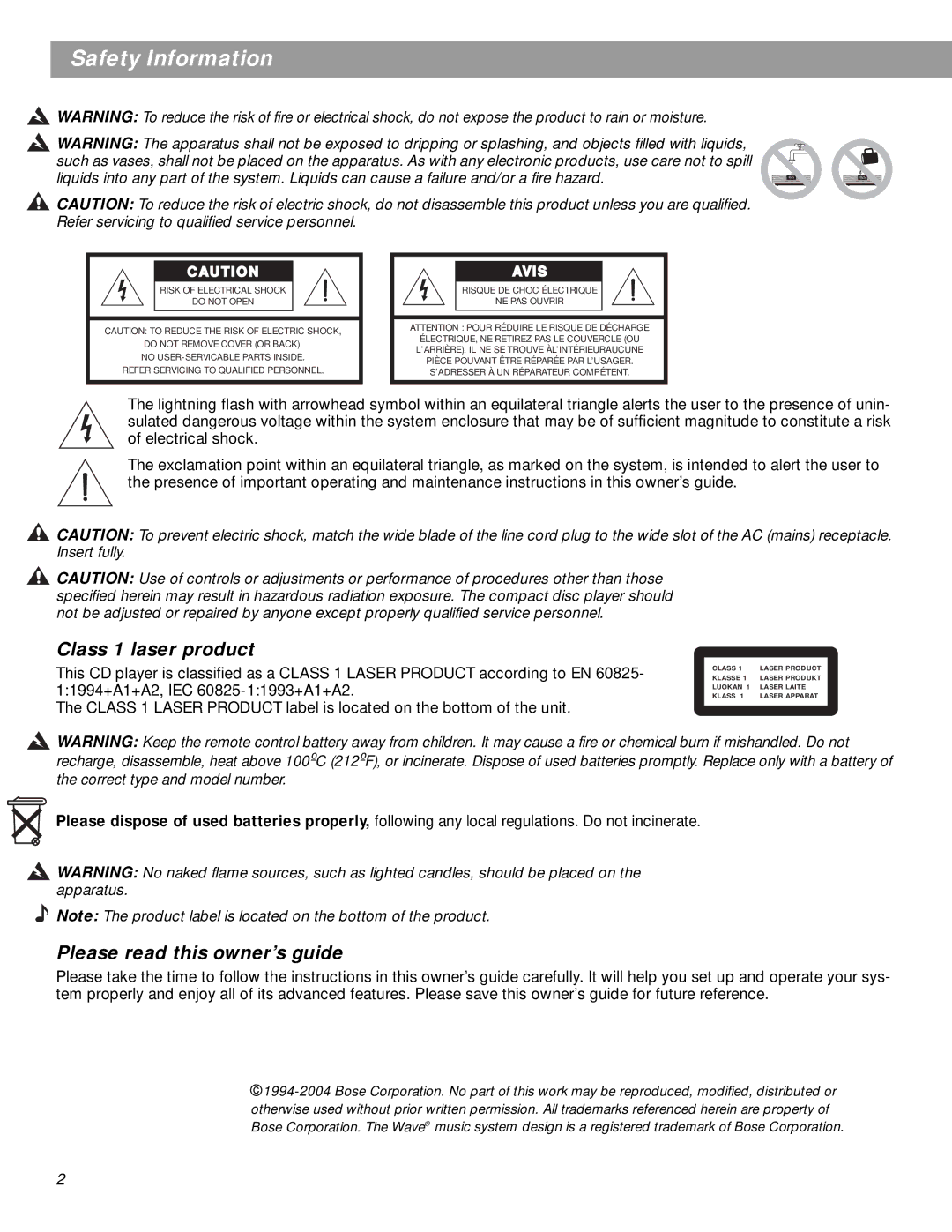 Bose pmn manual Safety Information, Class 1 laser product, Please read this owner’s guide 