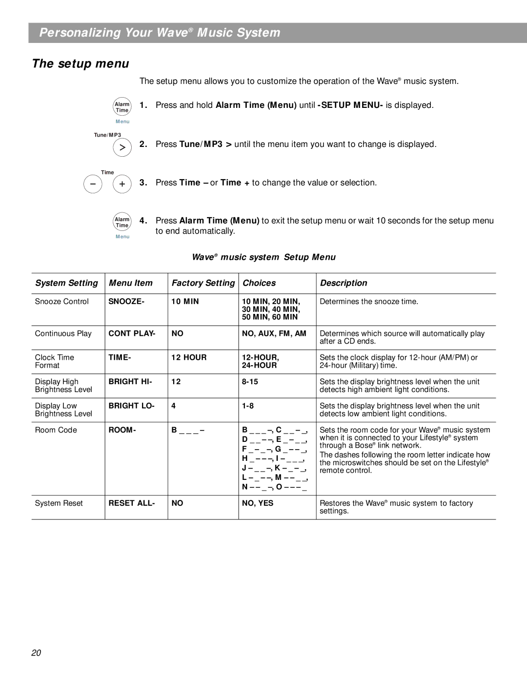 Bose pmn manual Personalizing Your Wave Music System, Setup menu 