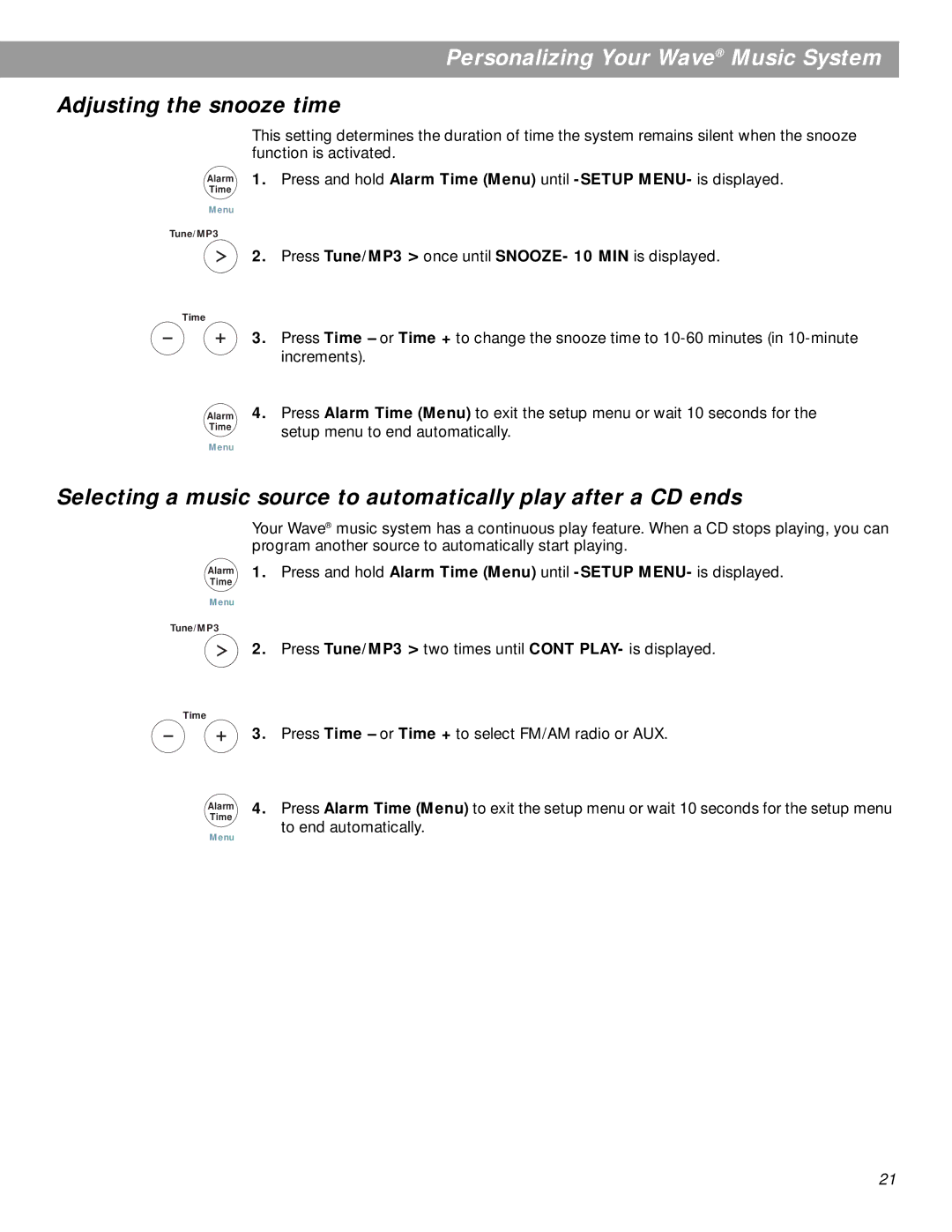 Bose pmn manual Adjusting the snooze time 