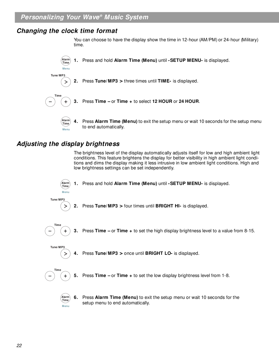 Bose pmn manual Changing the clock time format, Adjusting the display brightness 