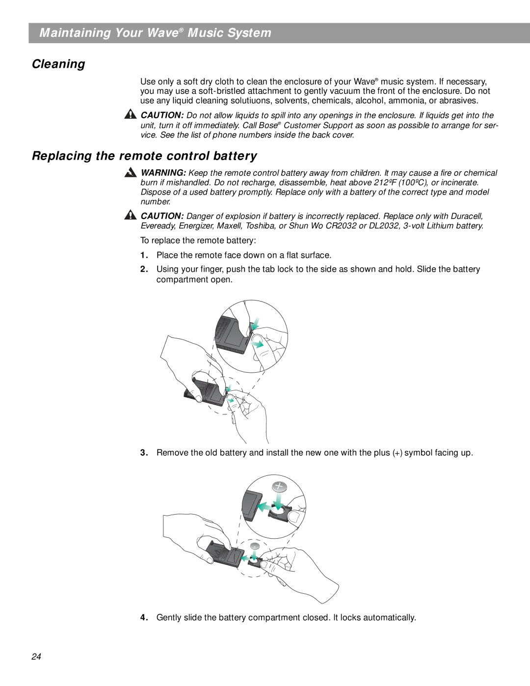 Bose pmn manual Maintaining Your Wave Music System, Cleaning, Replacing the remote control battery 