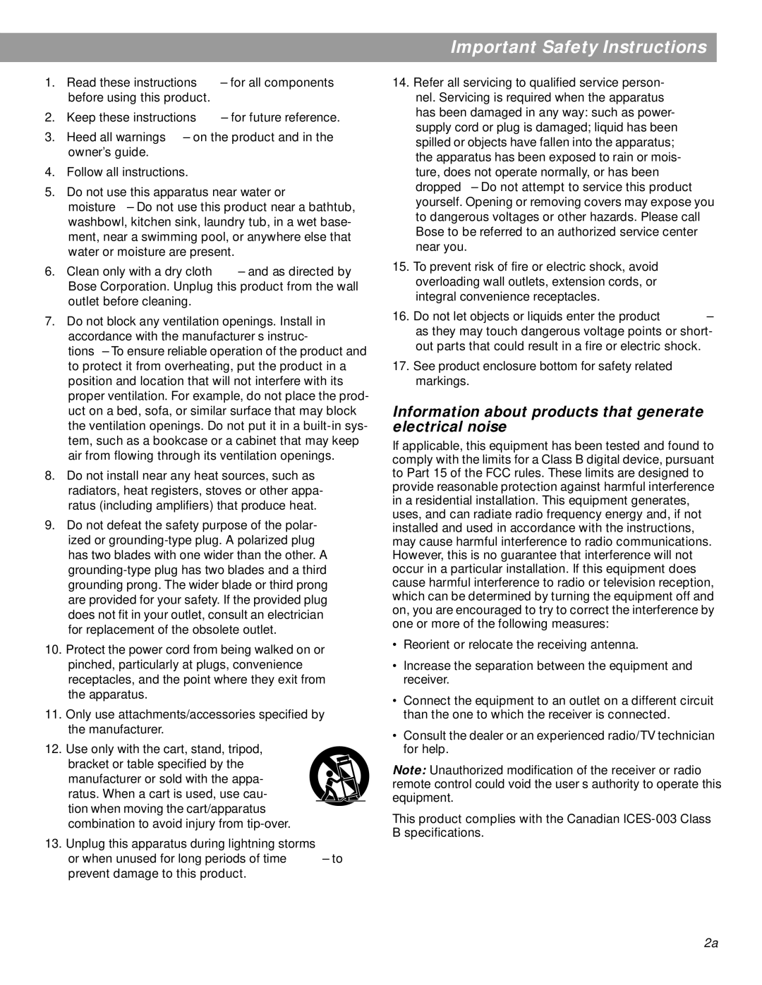 Bose pmn manual Important Safety Instructions, Information about products that generate electrical noise 