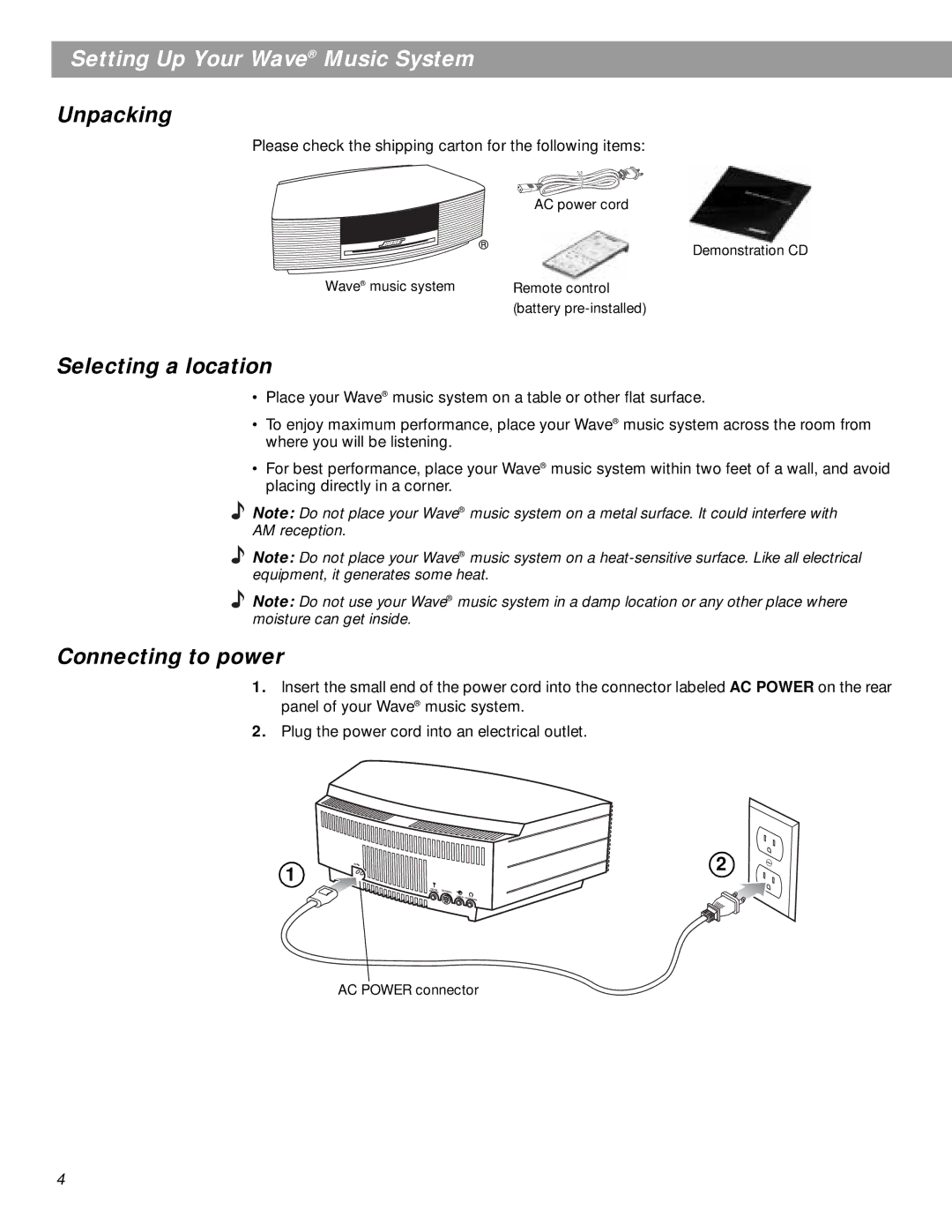 Bose pmn manual Setting Up Your Wave Music System, Unpacking, Selecting a location, Connecting to power 