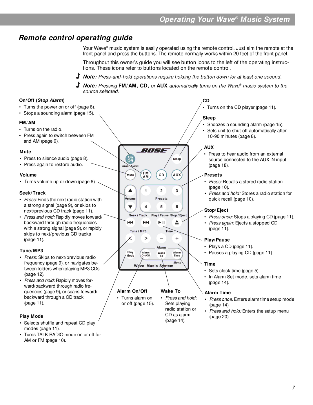 Bose pmn manual Operating Your Wave Music System, Remote control operating guide 