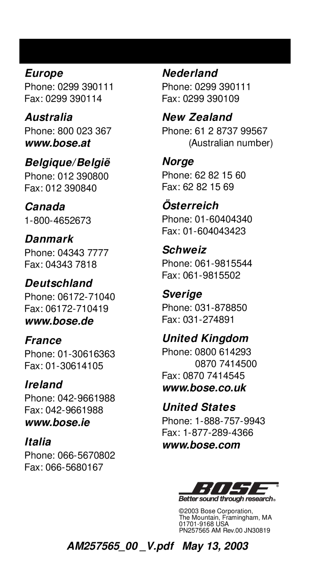 Bose QC-2 manual Europe Nederland 