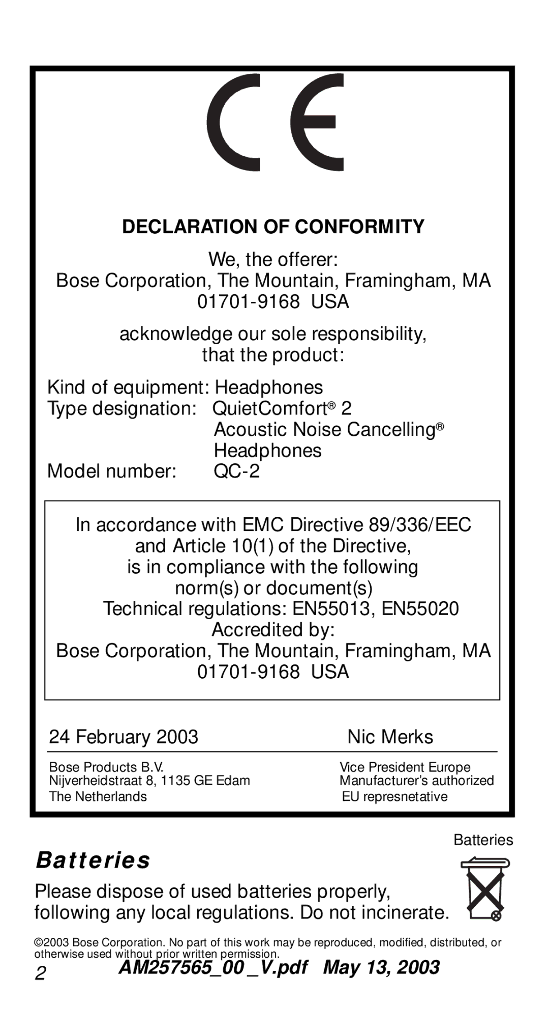 Bose QC-2 manual Batteries, Declaration of Conformity 