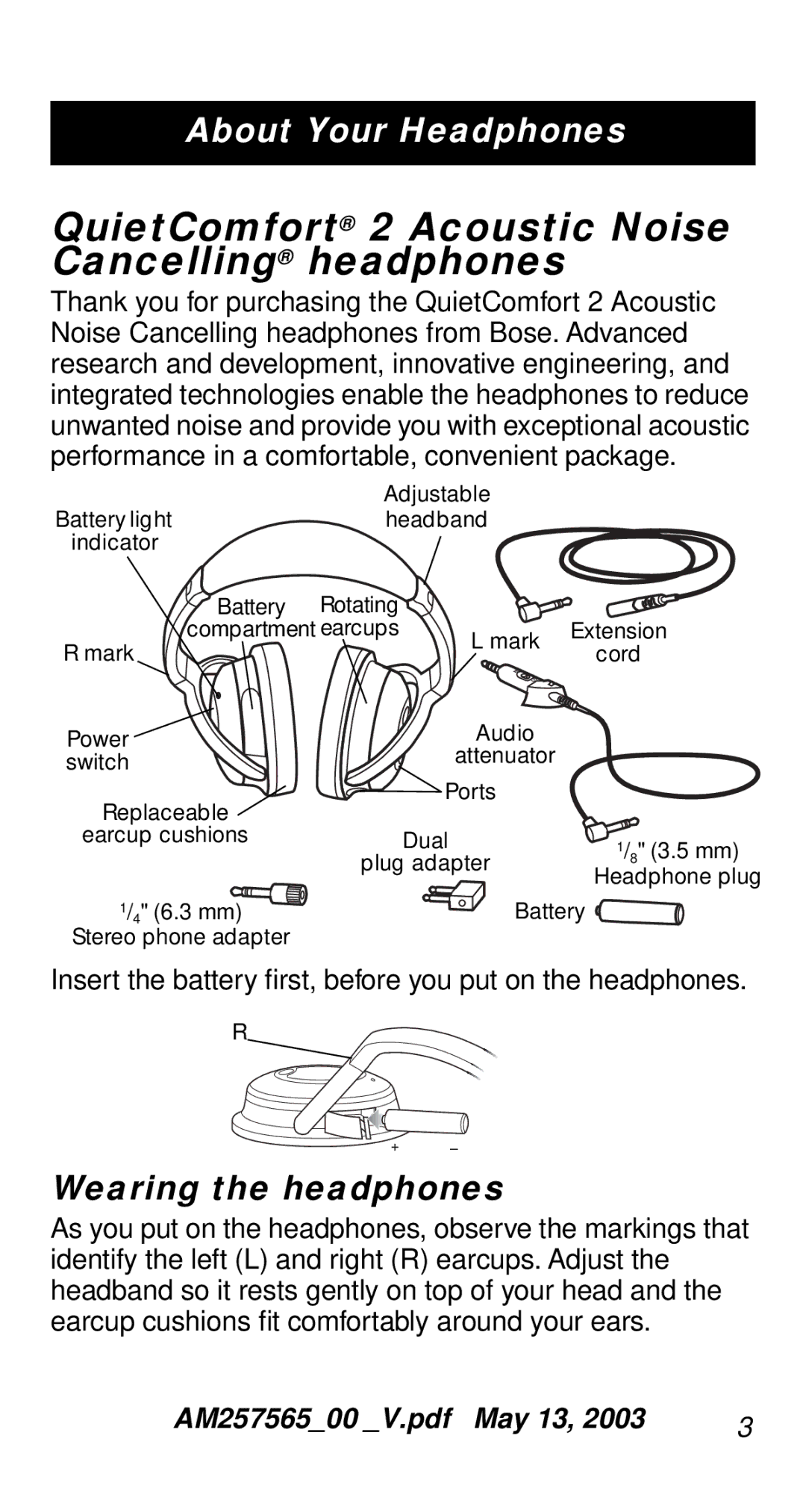 Bose QC-2 manual QuietComfort 2 Acoustic Noise Cancelling headphones, Wearing the headphones 