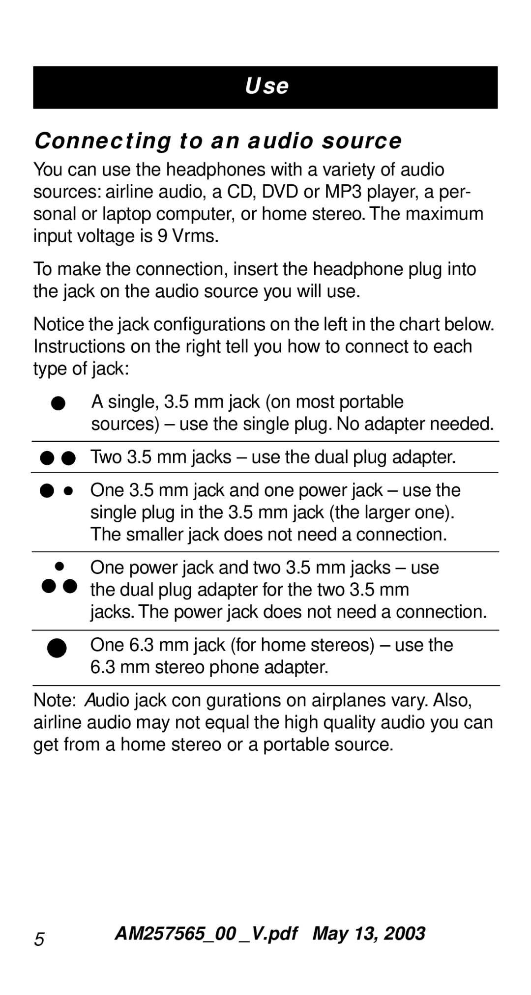 Bose QC-2 manual Connecting to an audio source 