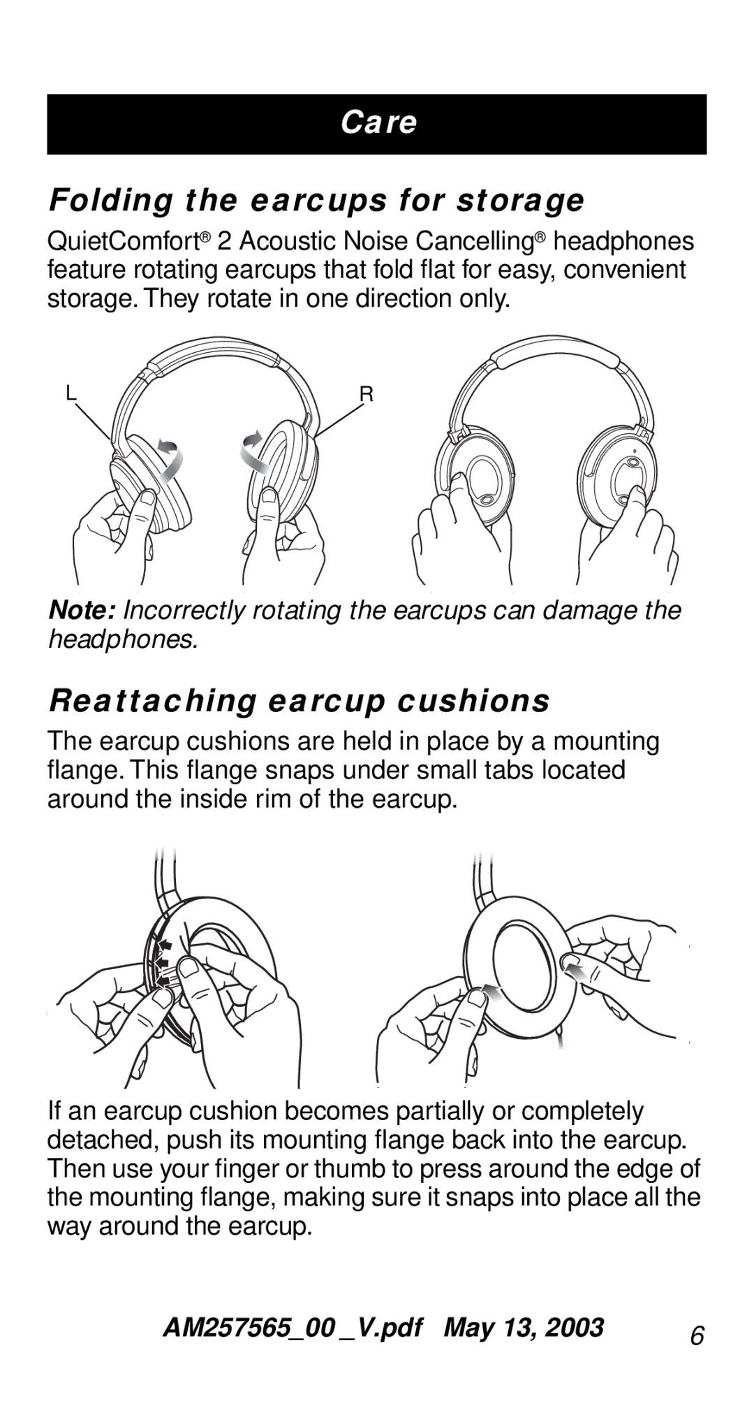 Bose QC-2 manual Folding the earcups for storage, Reattaching earcup cushions 