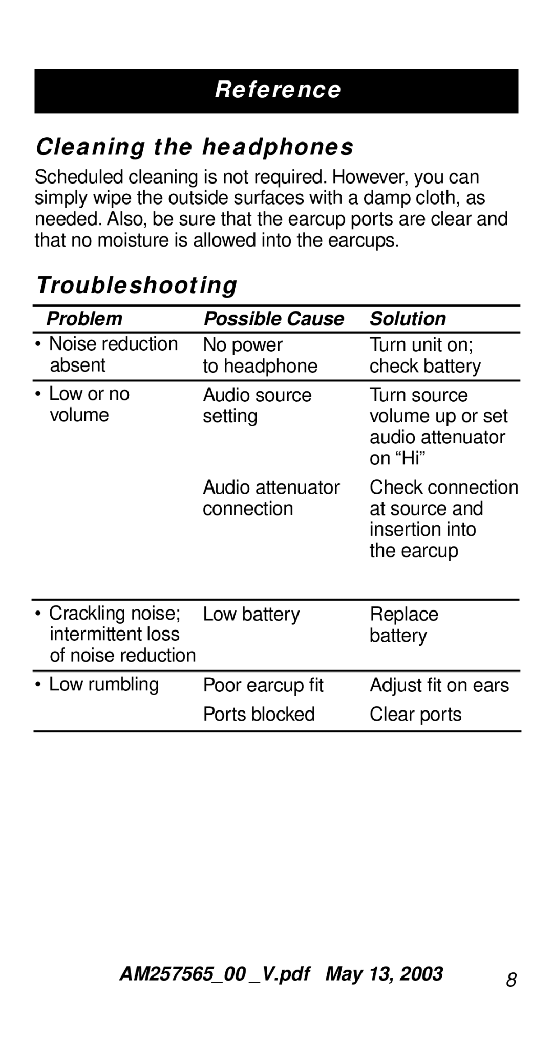 Bose QC-2 manual Cleaning the headphones, Troubleshooting 