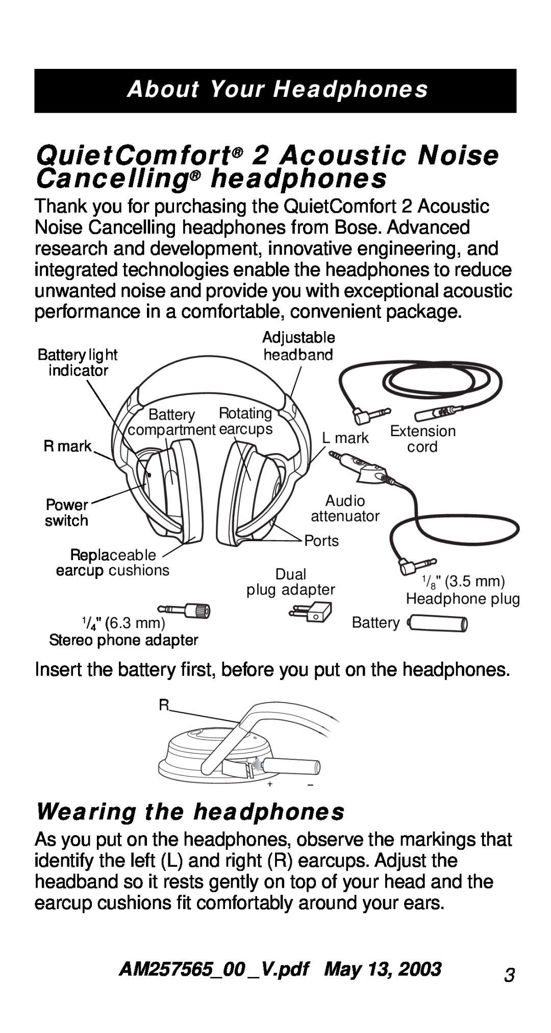 Bose QC-2 manual Wearing the headphones 