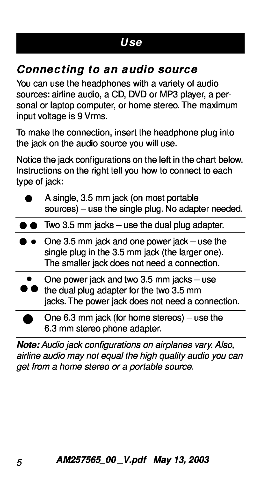 Bose QC-2 manual Connecting to an audio source 
