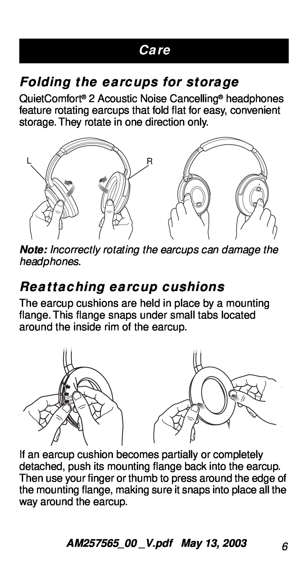 Bose QC-2 manual Folding the earcups for storage, Reattaching earcup cushions 
