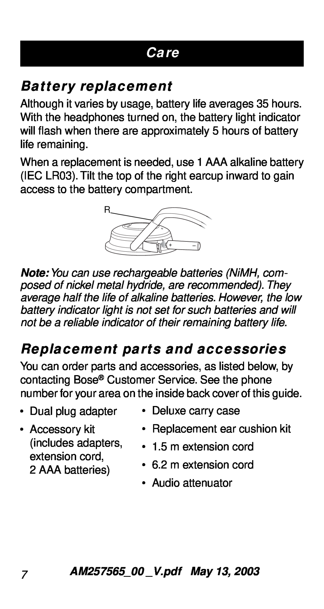 Bose QC-2 manual Battery replacement, Replacement parts and accessories 