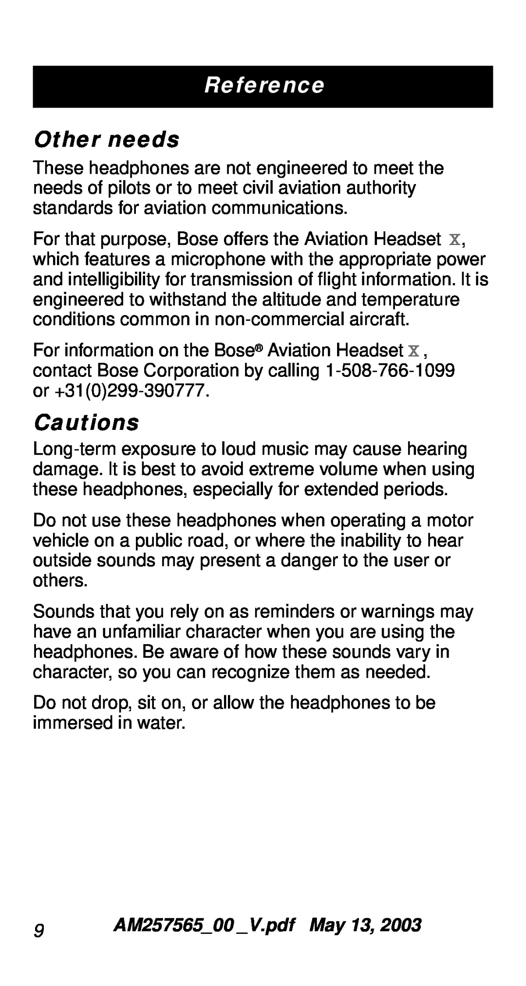 Bose QC-2 manual Other needs, Cautions 