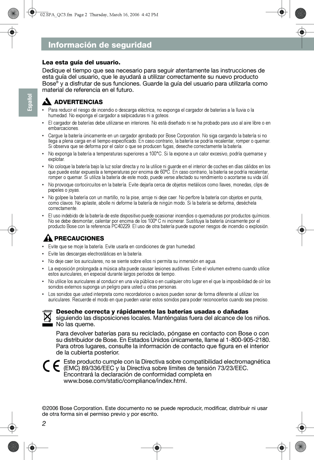 Bose QuietComfort 3 manual Información de seguridad, Lea esta guía del usuario, Advertencias, Precauciones 
