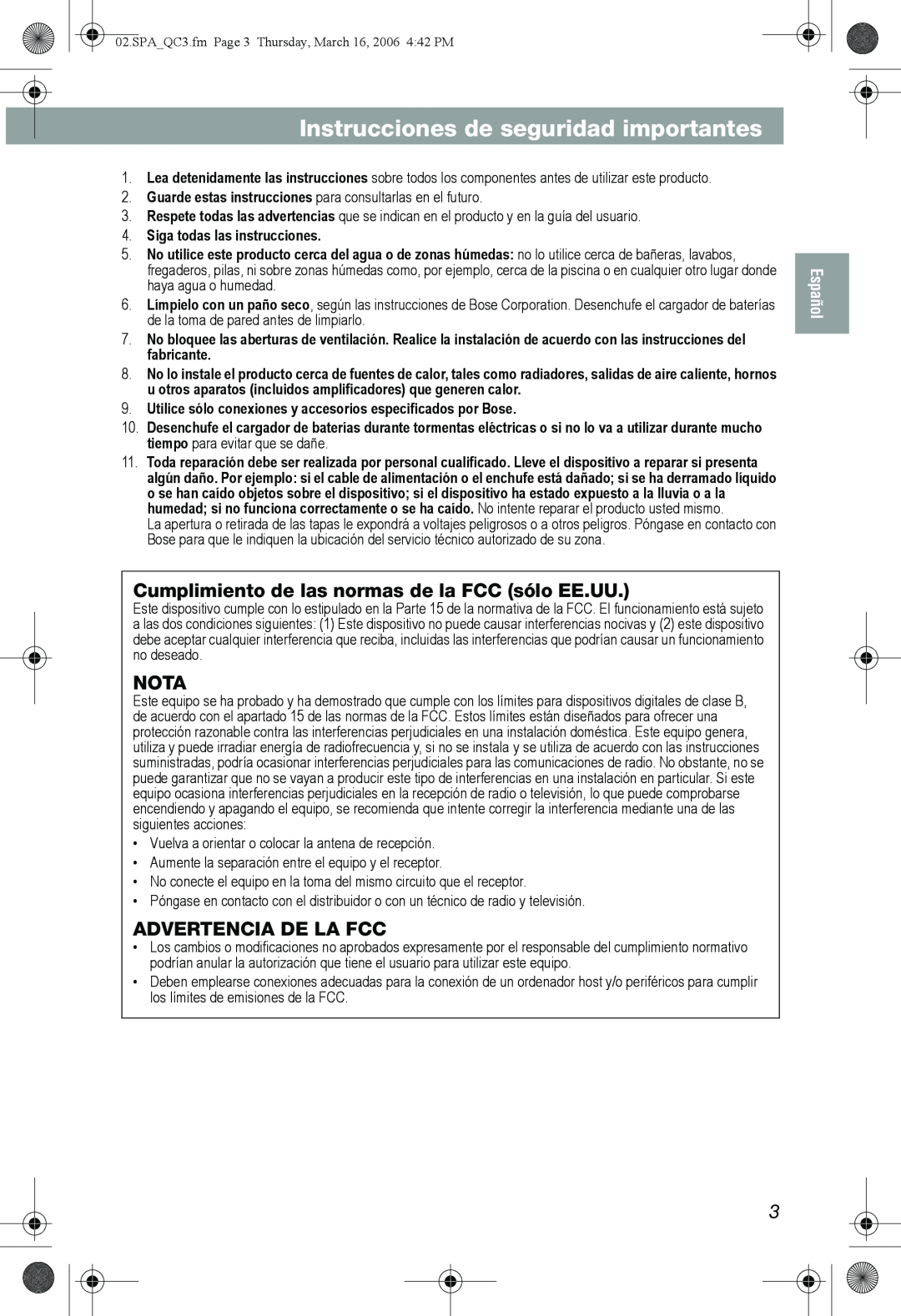 Bose QuietComfort 3 Instrucciones de seguridad importantes, Cumplimiento de las normas de la FCC sólo EE.UU, Nota, Español 