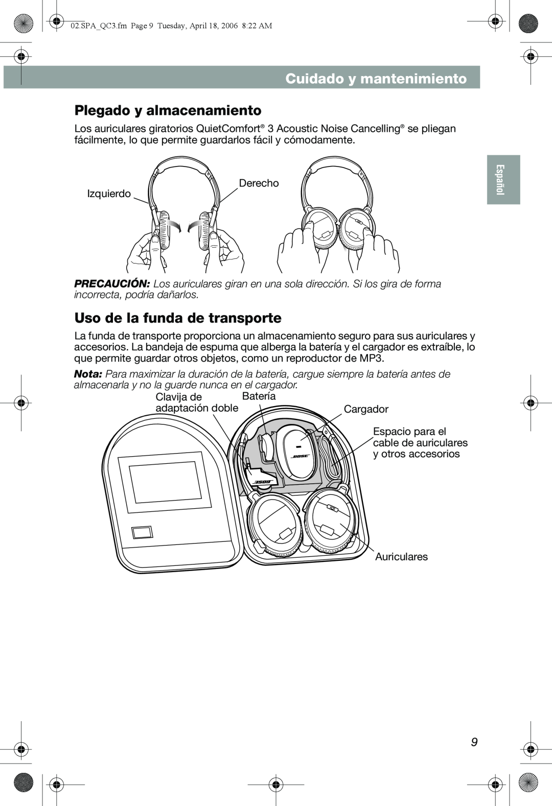 Bose QuietComfort 3 manual Cuidado y mantenimiento, Plegado y almacenamiento, Uso de la funda de transporte, Español 