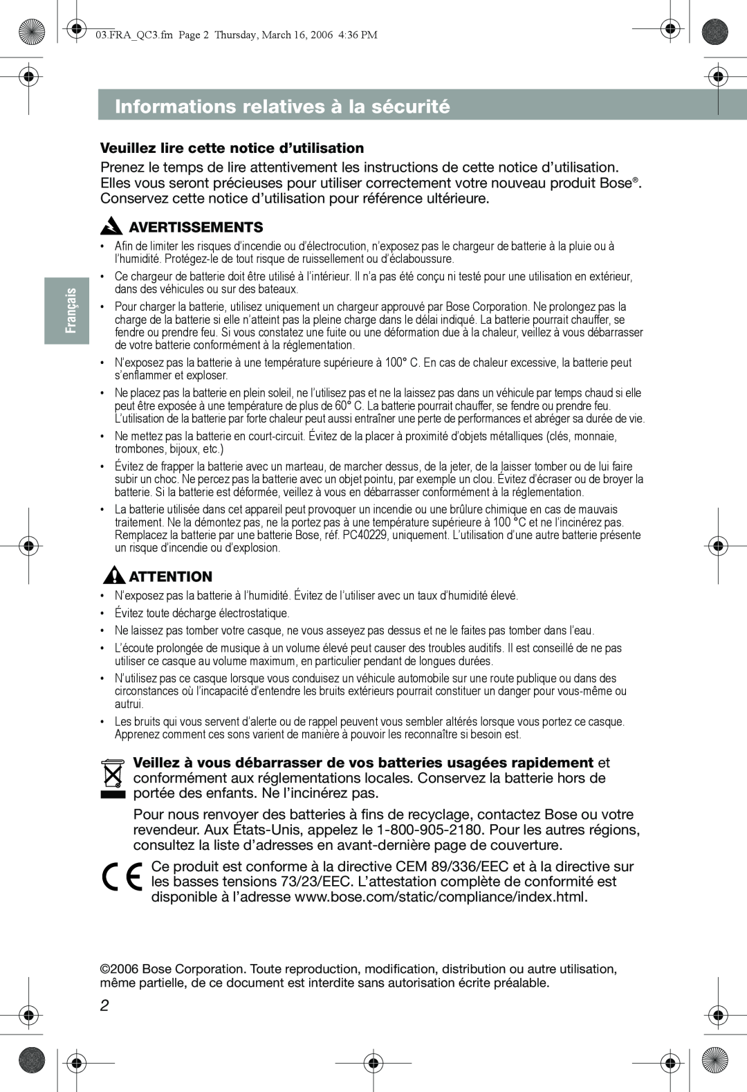 Bose QuietComfort 3 manual Informations relatives à la sécurité, Veuillez lire cette notice d’utilisation, Avertissements 