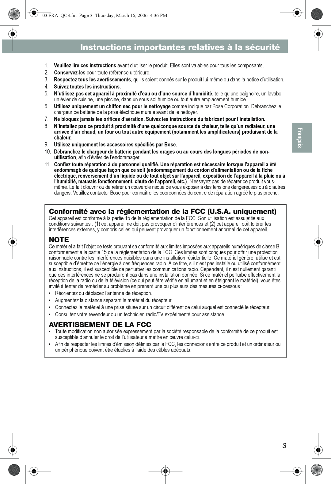 Bose QuietComfort 3 manual Instructions importantes relatives à la sécurité, Avertissement De La Fcc, Français 