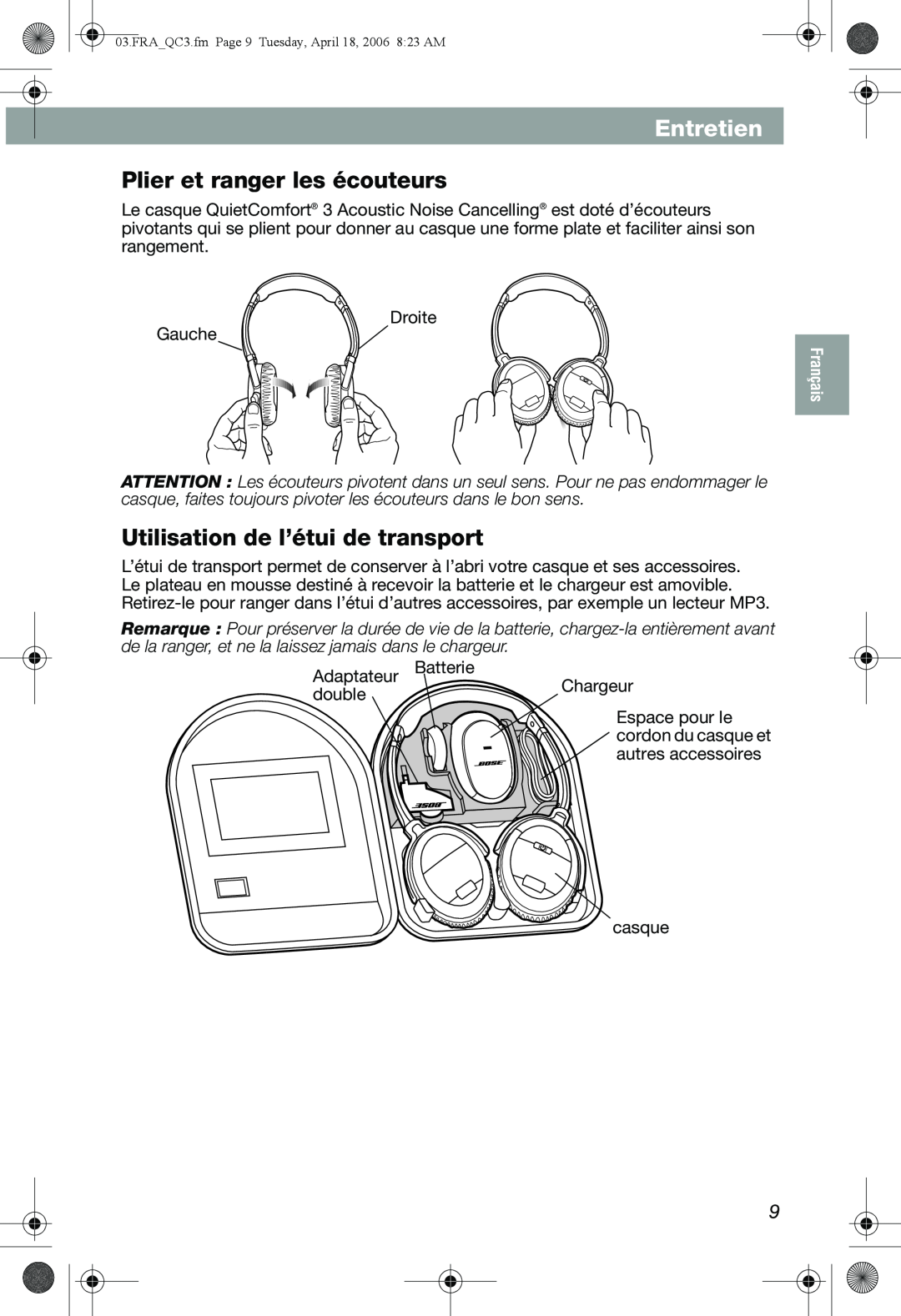 Bose QuietComfort 3 manual Entretien, Plier et ranger les écouteurs, Utilisation de l’étui de transport 