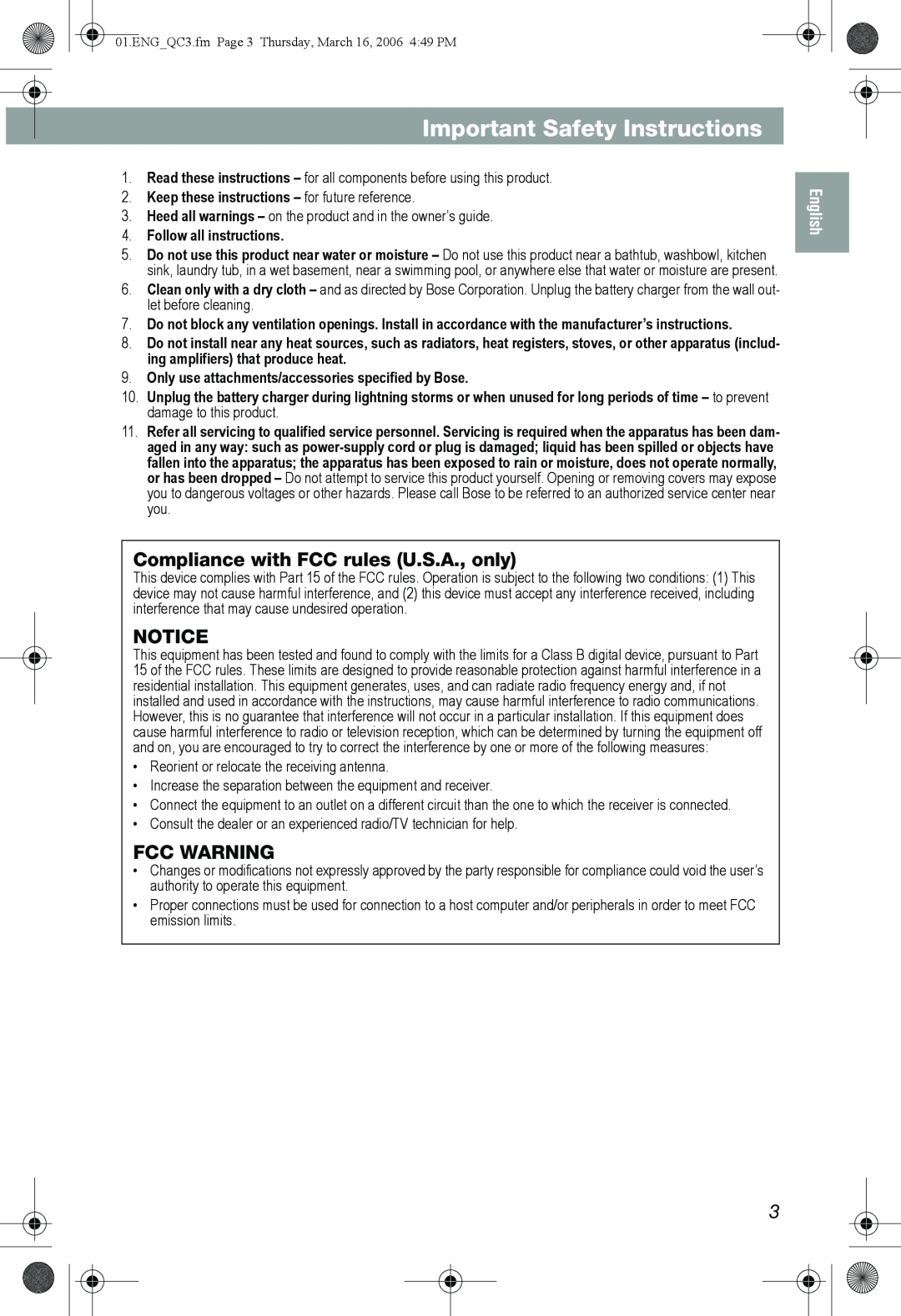 Bose QuietComfort 3 Important Safety Instructions, Compliance with FCC rules U.S.A., only, Fcc Warning, Français, English 