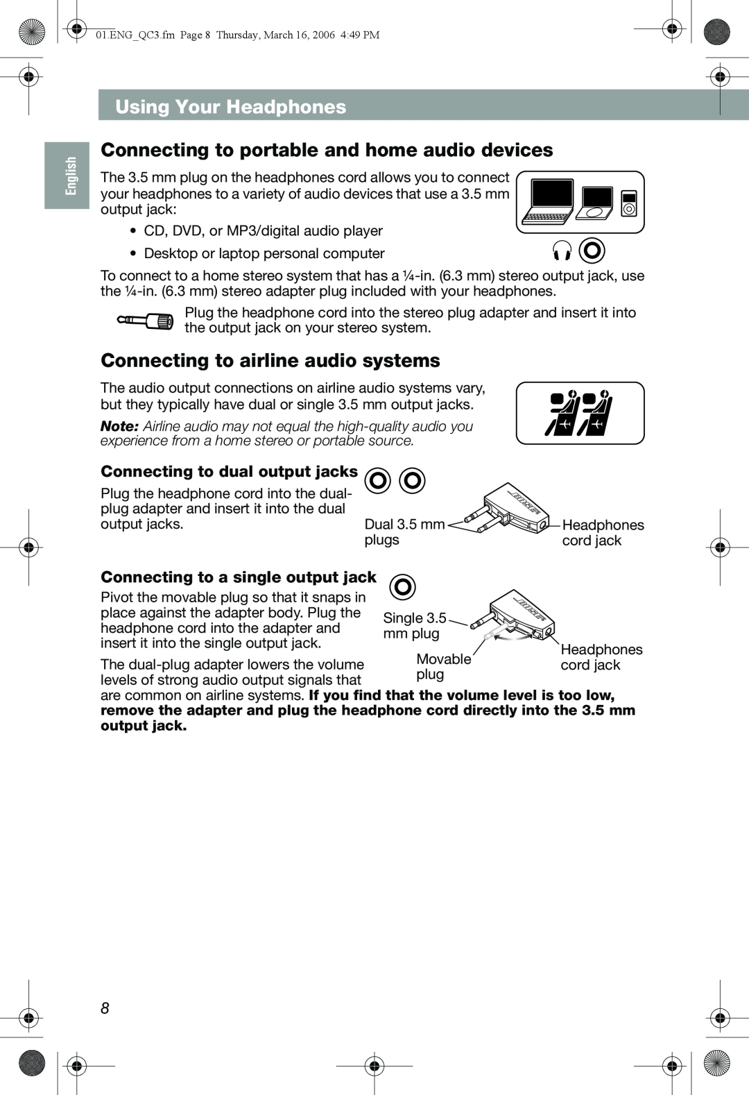 Bose QuietComfort 3 manual Connecting to portable and home audio devices, Connecting to airline audio systems, Français 