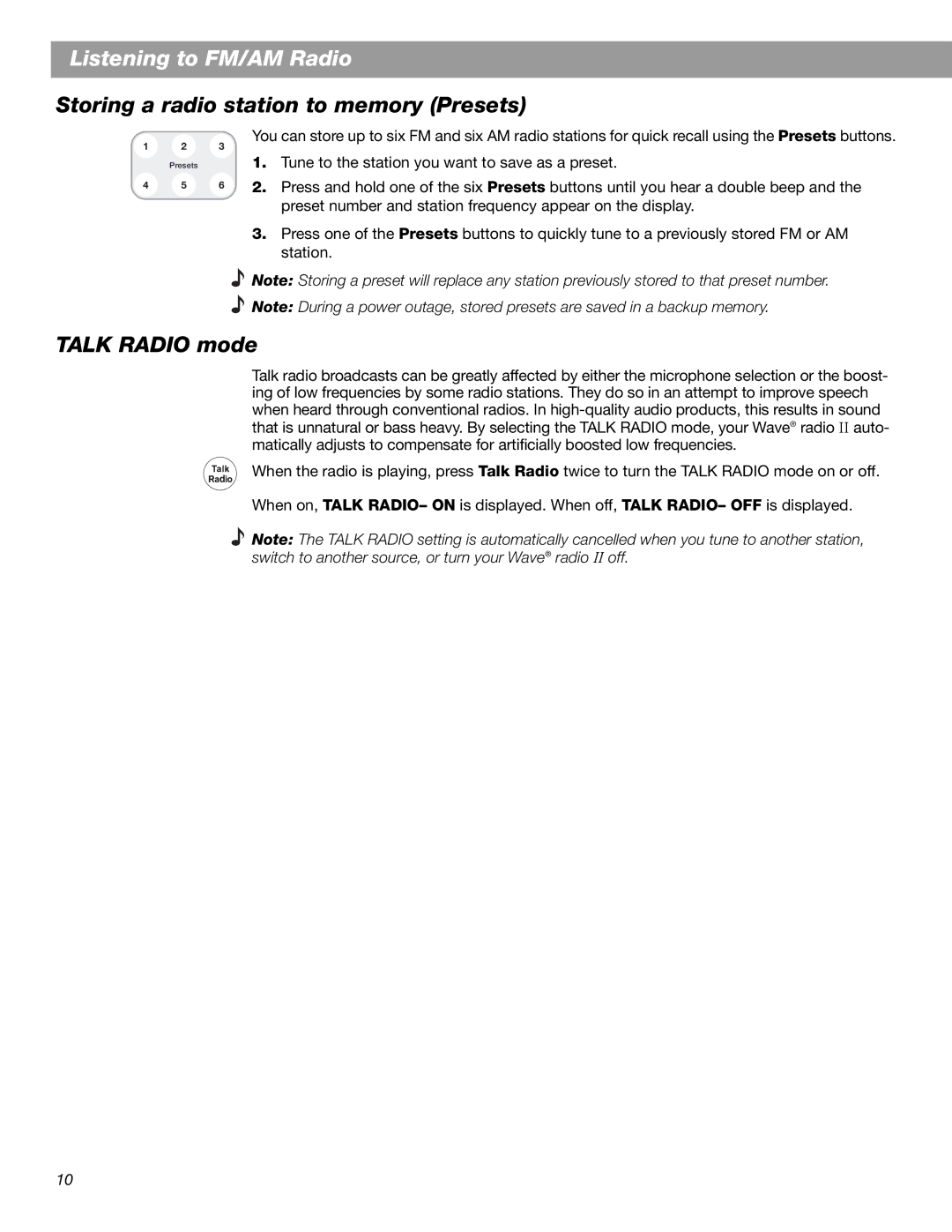 Bose Radio II manual Storing a radio station to memory Presets, Talk Radio mode 