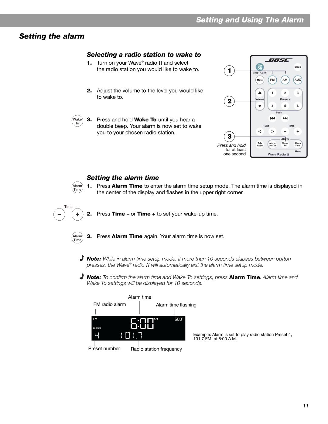 Bose Radio II manual Setting and Using The Alarm, Selecting a radio station to wake to, Setting the alarm time 