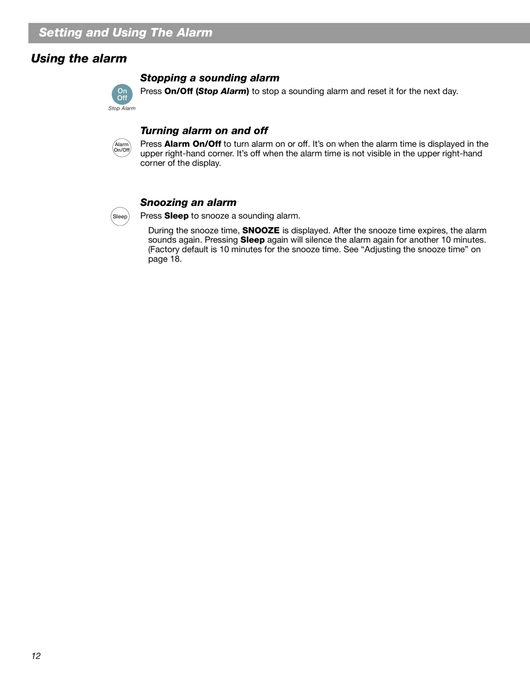 Bose Radio II manual Using the alarm, Stopping a sounding alarm, Turning alarm on and off, Snoozing an alarm 