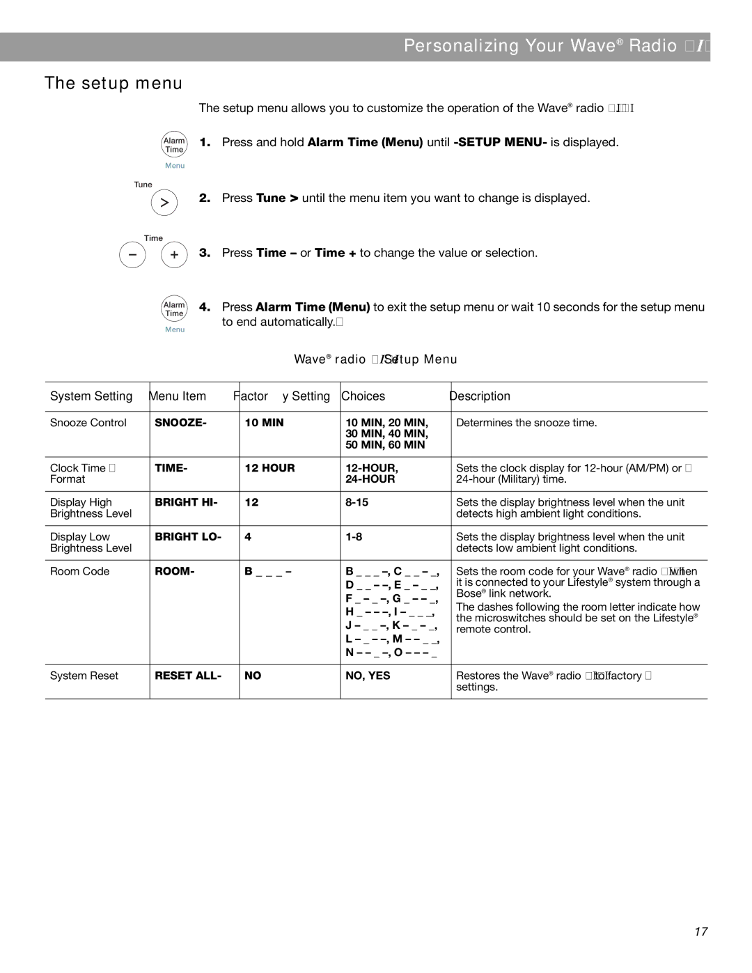 Bose Radio II manual Personalizing Your Wave Radio, Setup menu 