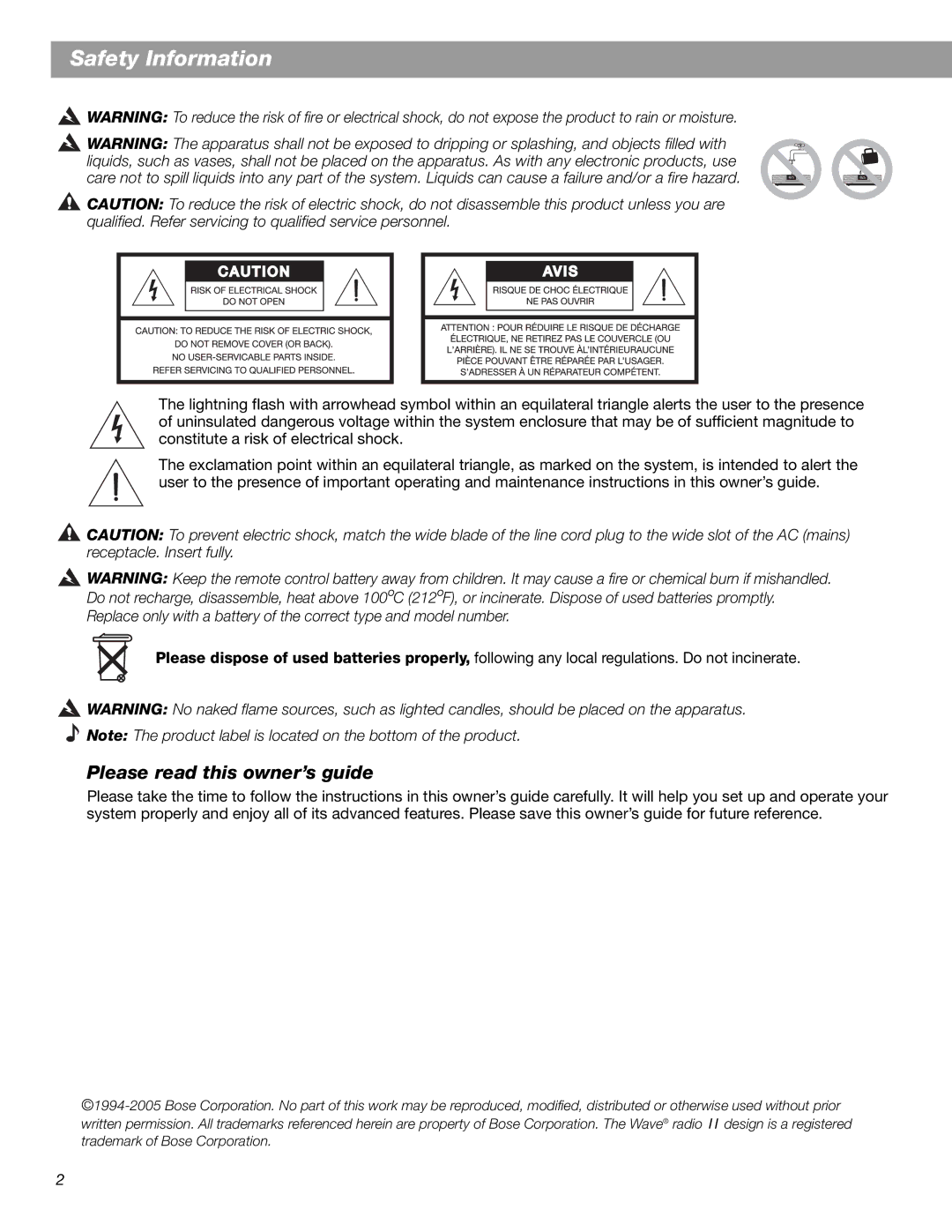 Bose Radio II manual Safety Information, Please read this owner’s guide 