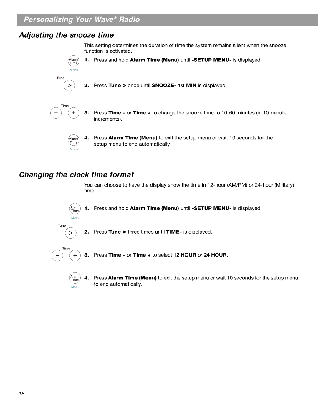 Bose Radio II manual Adjusting the snooze time, Changing the clock time format 