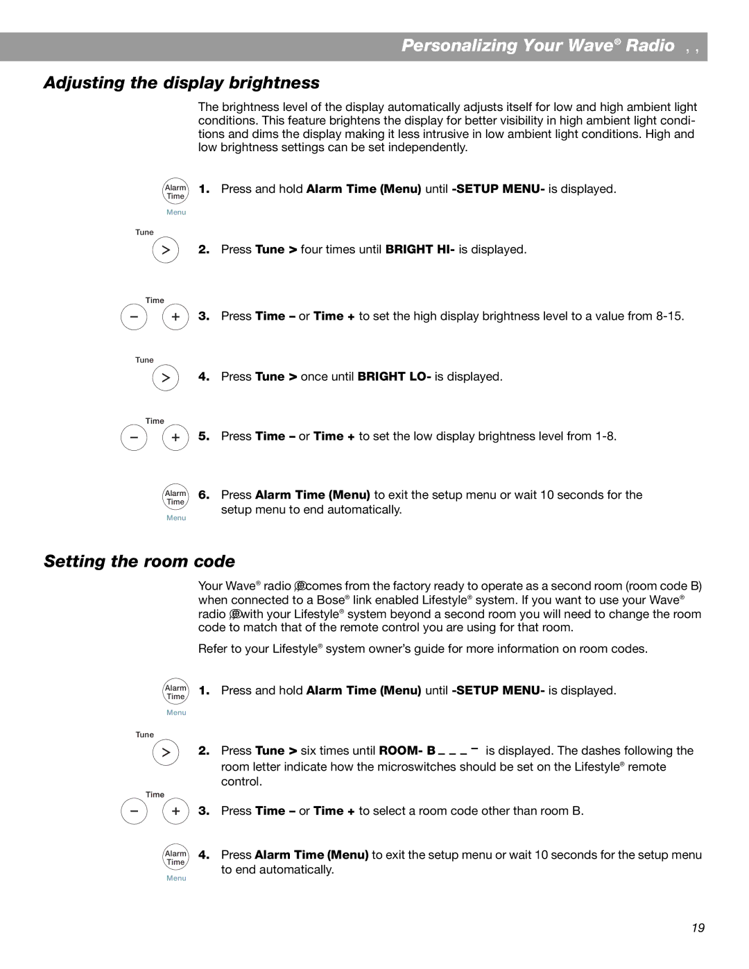 Bose Radio II manual Adjusting the display brightness, Setting the room code 